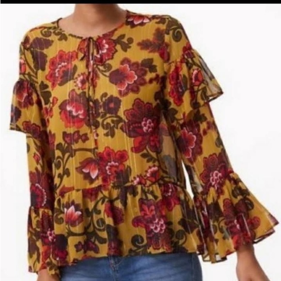 2/$35 Loft mustard Floral Peasant top - Picture 1 of 12